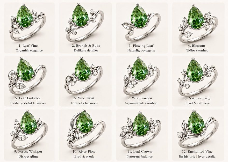 12 designforslag til naturinspirerede ringe med grøn pæreformet diamant